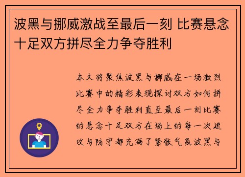 波黑与挪威激战至最后一刻 比赛悬念十足双方拼尽全力争夺胜利