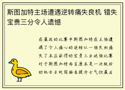 斯图加特主场遭遇逆转痛失良机 错失宝贵三分令人遗憾