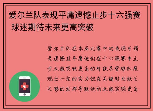 爱尔兰队表现平庸遗憾止步十六强赛 球迷期待未来更高突破