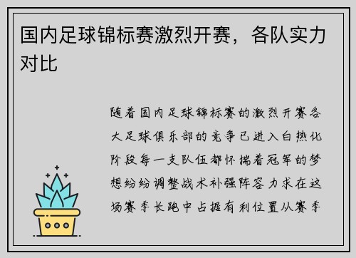 国内足球锦标赛激烈开赛，各队实力对比