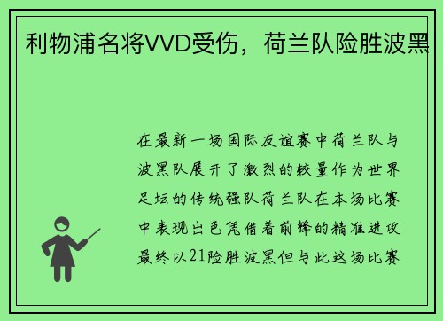 利物浦名将VVD受伤，荷兰队险胜波黑