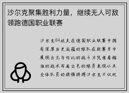 沙尔克聚集胜利力量，继续无人可敌领跑德国职业联赛