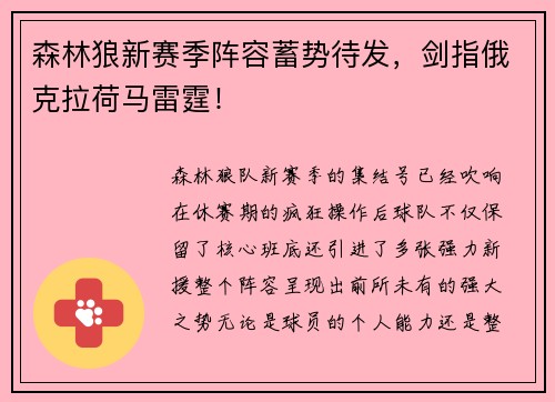 森林狼新赛季阵容蓄势待发，剑指俄克拉荷马雷霆！