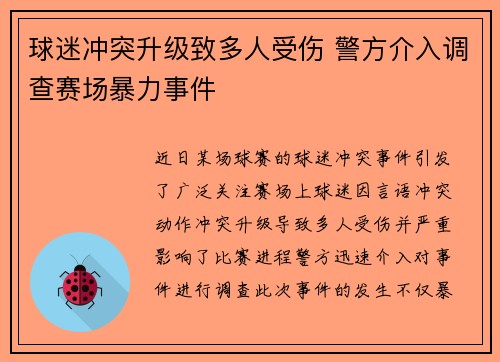 球迷冲突升级致多人受伤 警方介入调查赛场暴力事件