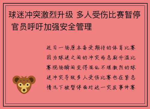 球迷冲突激烈升级 多人受伤比赛暂停 官员呼吁加强安全管理